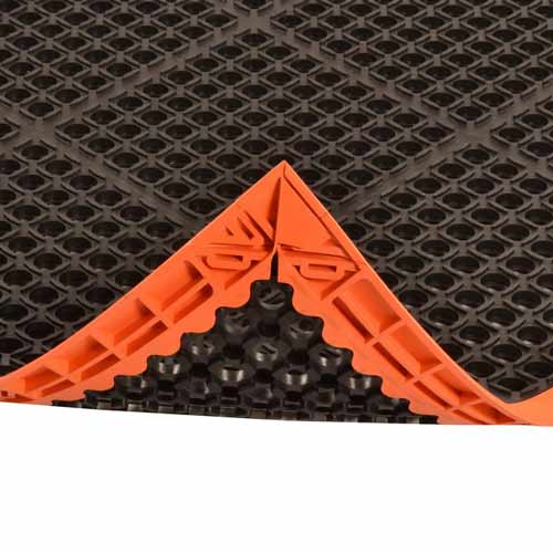 Safety Stance 3-Side Anti-Fatigue Mat 38x40 inch corner curl black orange.