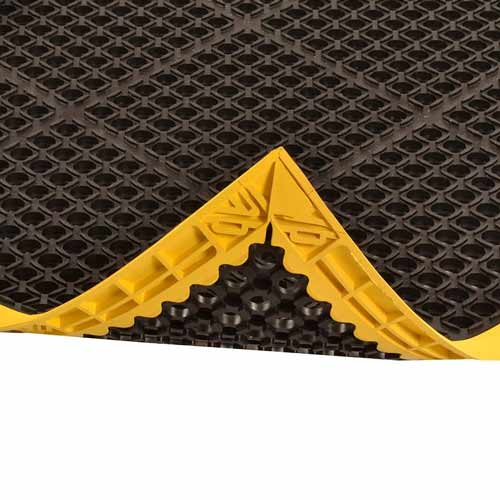 Safety Stance 3-Side Anti-Fatigue Mat 38x124 inch corner curl black yellow.