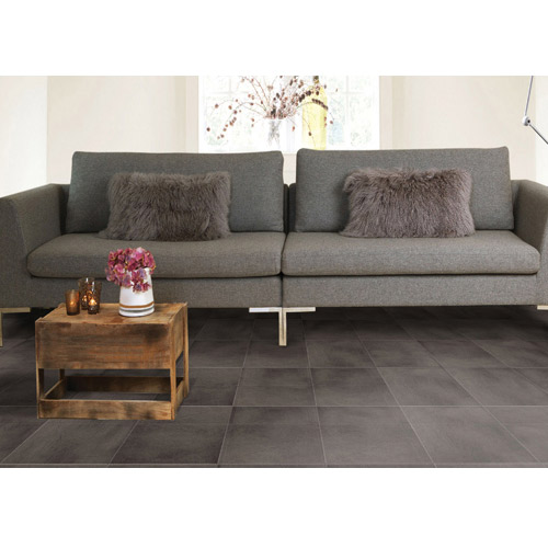 Leather PVC Floor Tile Black or Dark Gray 6 tiles showing couch.