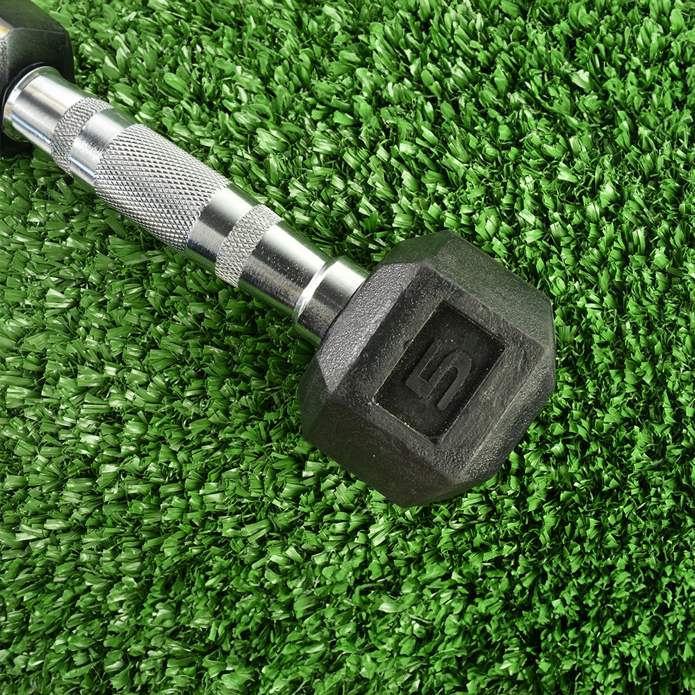 Fit Turf Outdoor Artificial Grass Turf 3/4 Inch x 15 Ft. Wide Per SF Top Close Up with Dumbbell