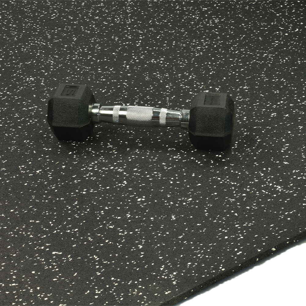 ForceFit Athletic Rolled Rubber 10% Color 1/2 Inch x 4 Ft. Wide Per SF dumbbell on Gray rubber