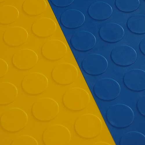 Garage Floor Tile Coin blue tile connected with yellow tile.