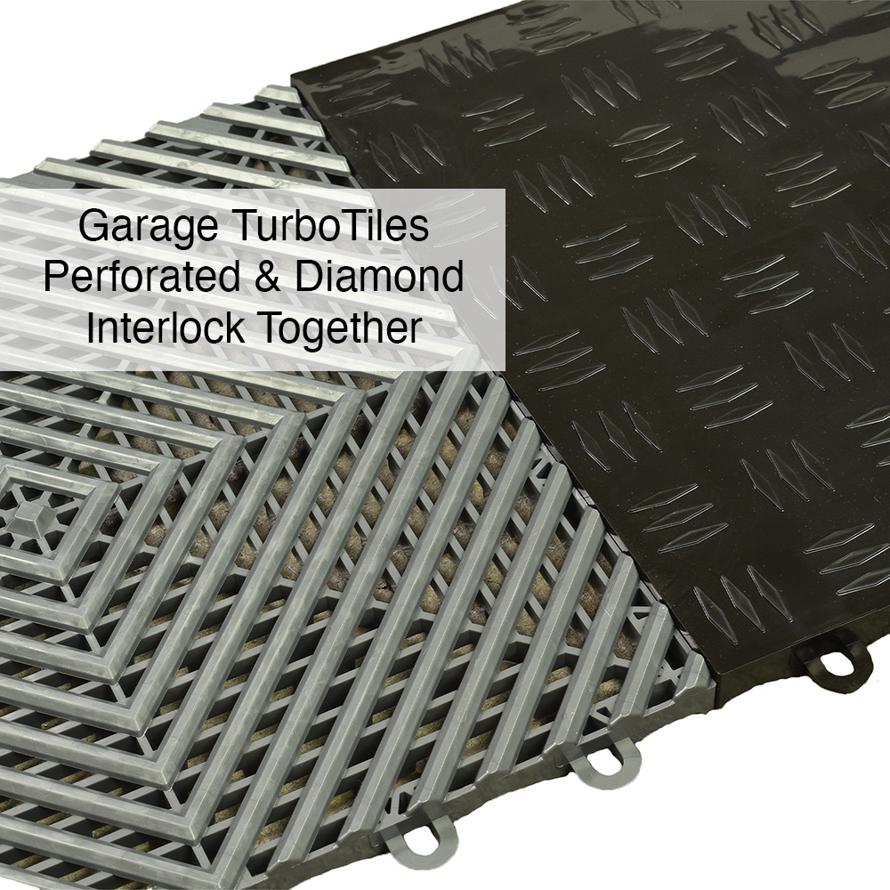 garage flooring tiles diamond in black and perforated in gray interlocked together 