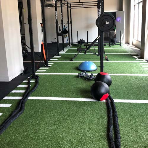 V-Max Turf With yardlines and hashmarks in weightlifting fitness center
