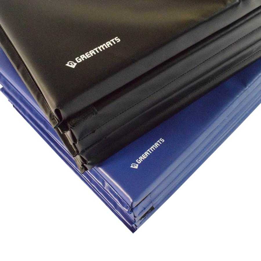 Gymnastics Mats 4x10 Ft x 2 inch 4V 18oz black and blue stack.