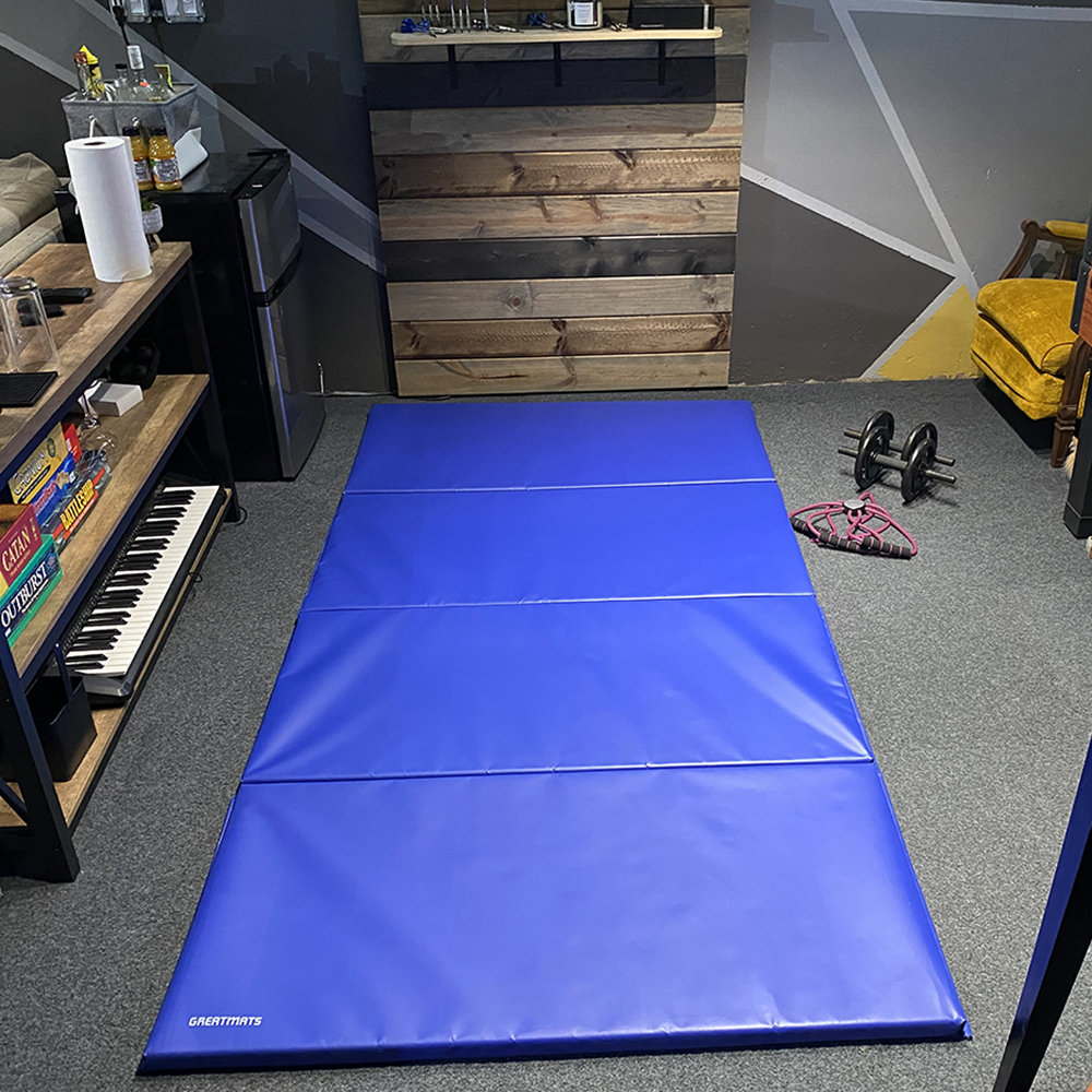 blue 4x8 discount folding gym mats in basement for workouts
