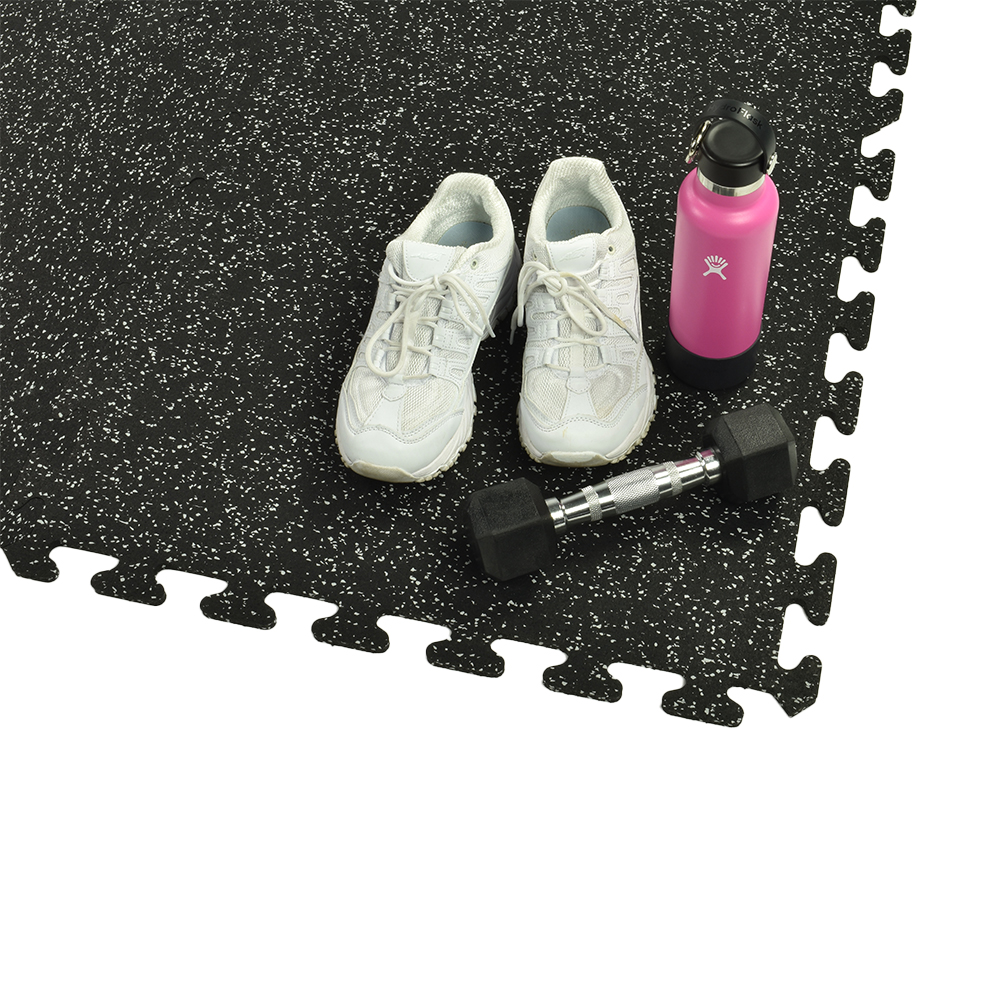 Rubber Tile 2x2 Ft x 3/8 Interlocking Sport 10% Light Gray corner with exercise equipment