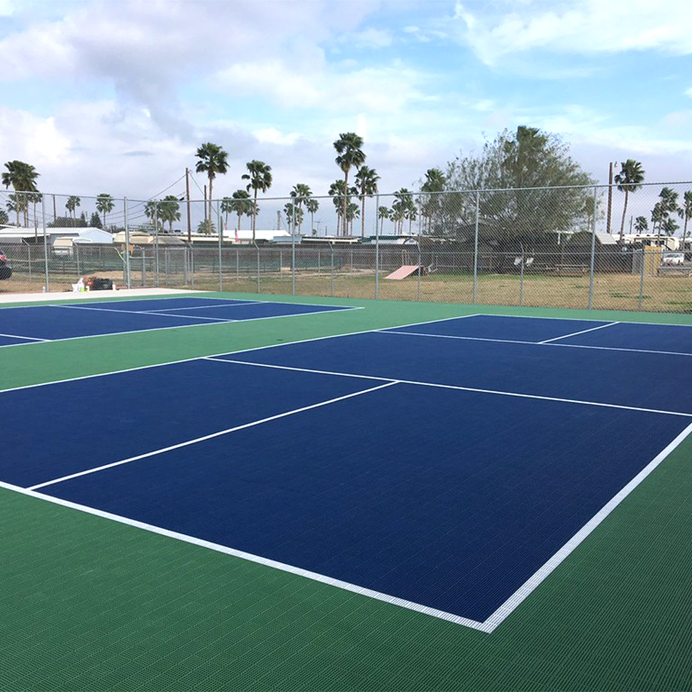 Pickleball Court Kit with Lines 30x60 Ft. two courts with lines in sport green and navy blue