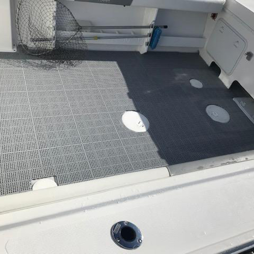 Interlocking Deck and Patio Outdoor Tile gray customer install on fishing boat
