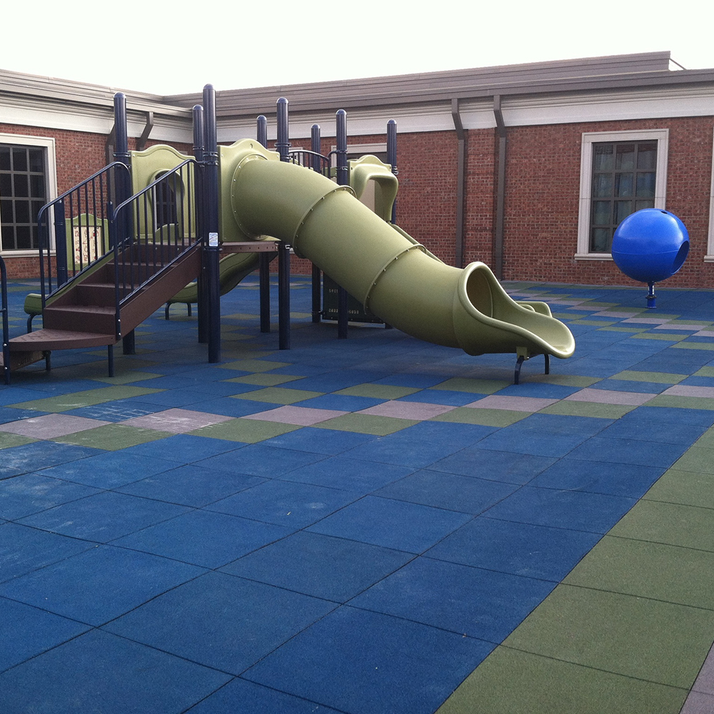 Playground Flooring Blue Sky 2ft x 2ft x 2.25in Standard Top showing blue and green tiles playground slide.