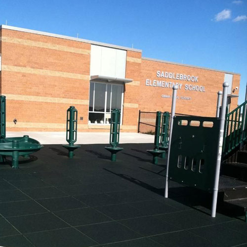 Playground Flooring Blue Sky 2ft x 2ft x 2.75in 50/50 EPDM showing school playground.