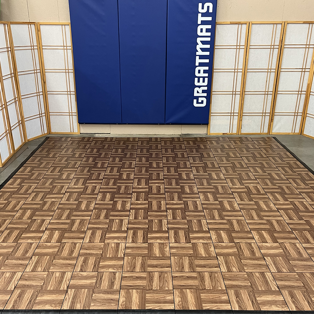 Portable Dance Floor Tiles in 10x10 foot installation dark oak