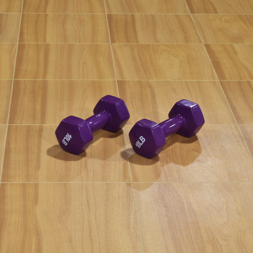 small hand weights sitting on the Basketball Court Tiles 