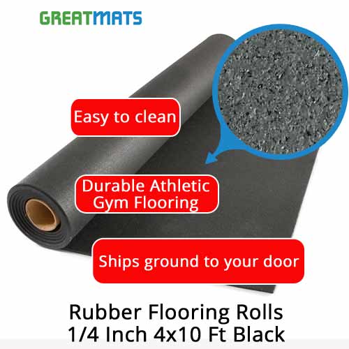 Rubber Flooring Rolls 1/4 Inch 4x10 Ft Black infographic.