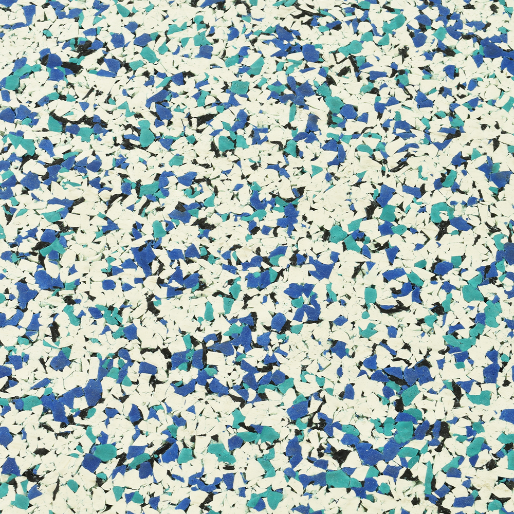 close up of nuclear rubber flooring tiles ocean view color with blue, turquoise, and white color flecks