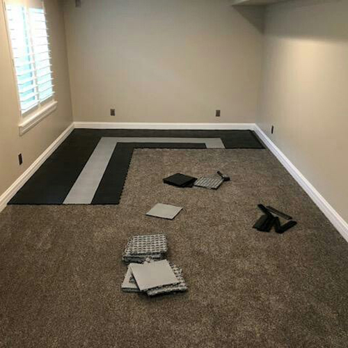 Staylock Orange Peel Gray and Black Home Gym Flooring over Carpet
