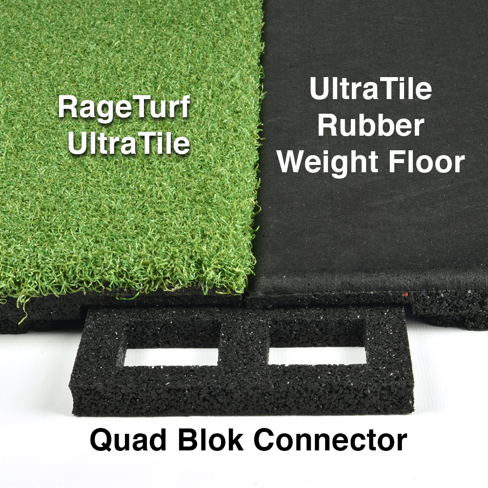 RageTurf UltraTile Connected to UltraTile Rubber Weight Room Mat with Quad Blok