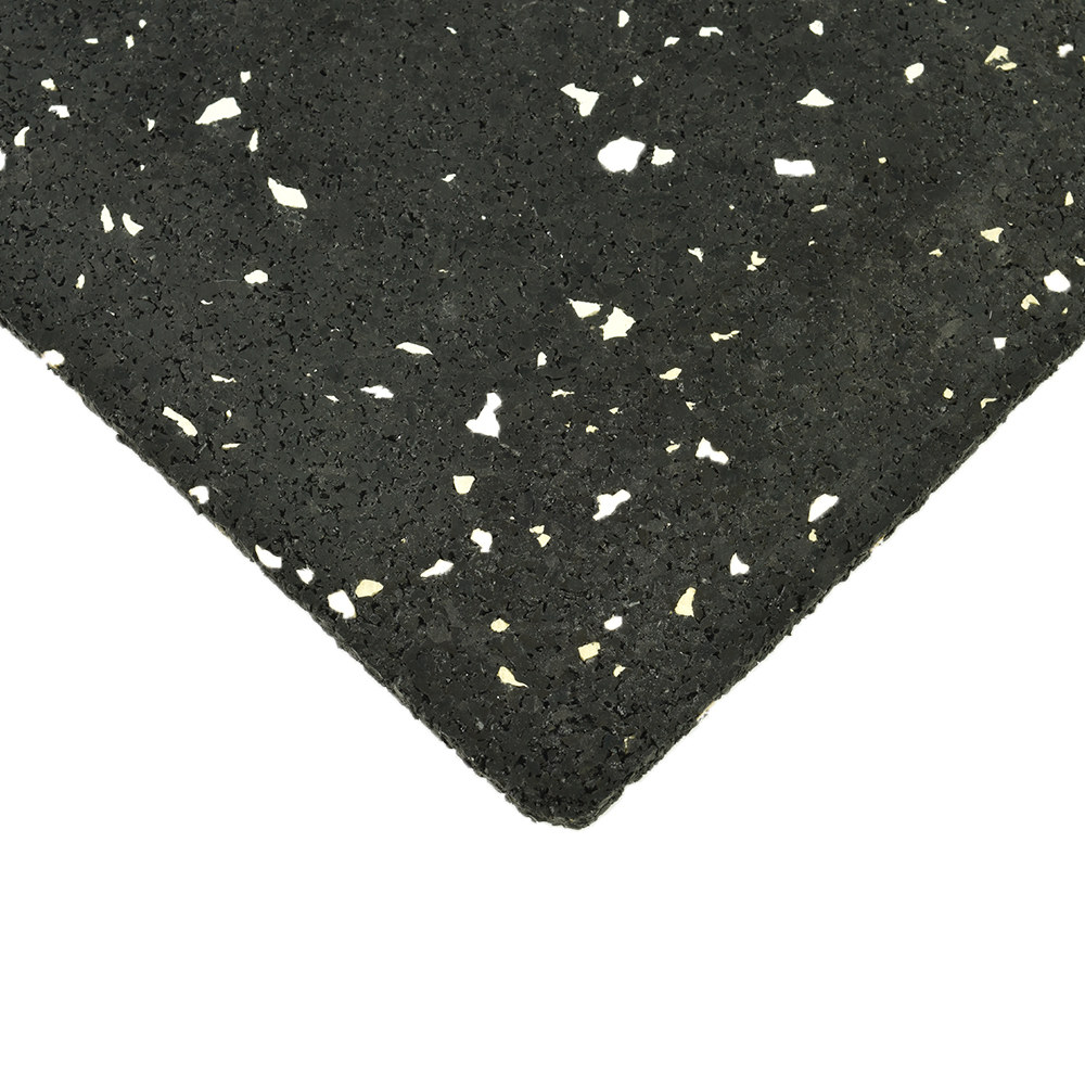 close up of corner of straight edge rubber tile with eggshell white color flecks