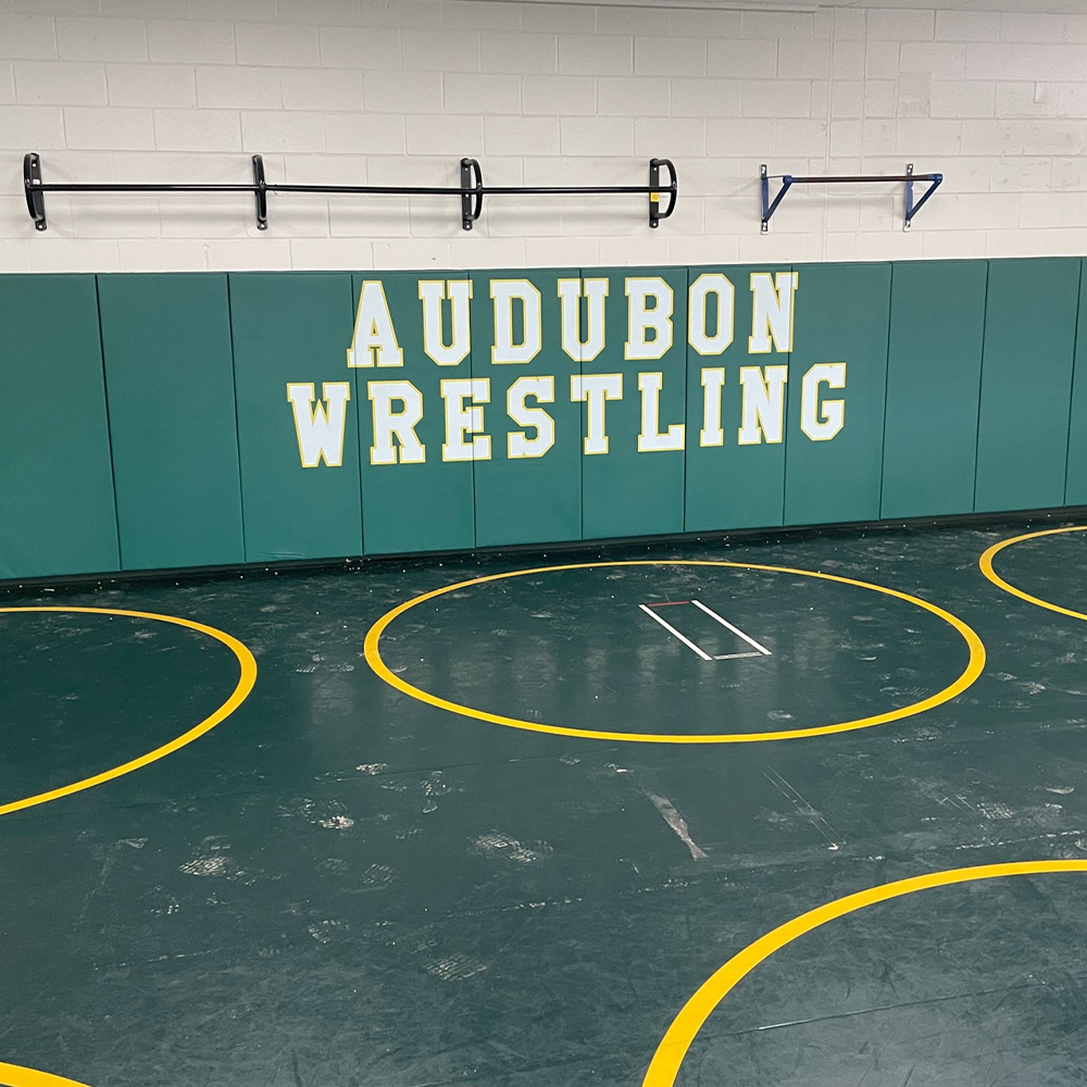 Audubon Wrestling Gym with Green Safety Wall Pad 2x6 Ft x 2 inch WB Z-Clip ASTM