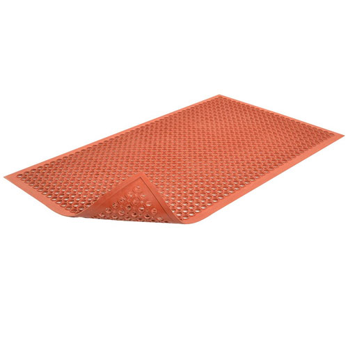 Beveled Drain Step Anti-Fatigue Mat 3X5 ft Red full ang corner curl.