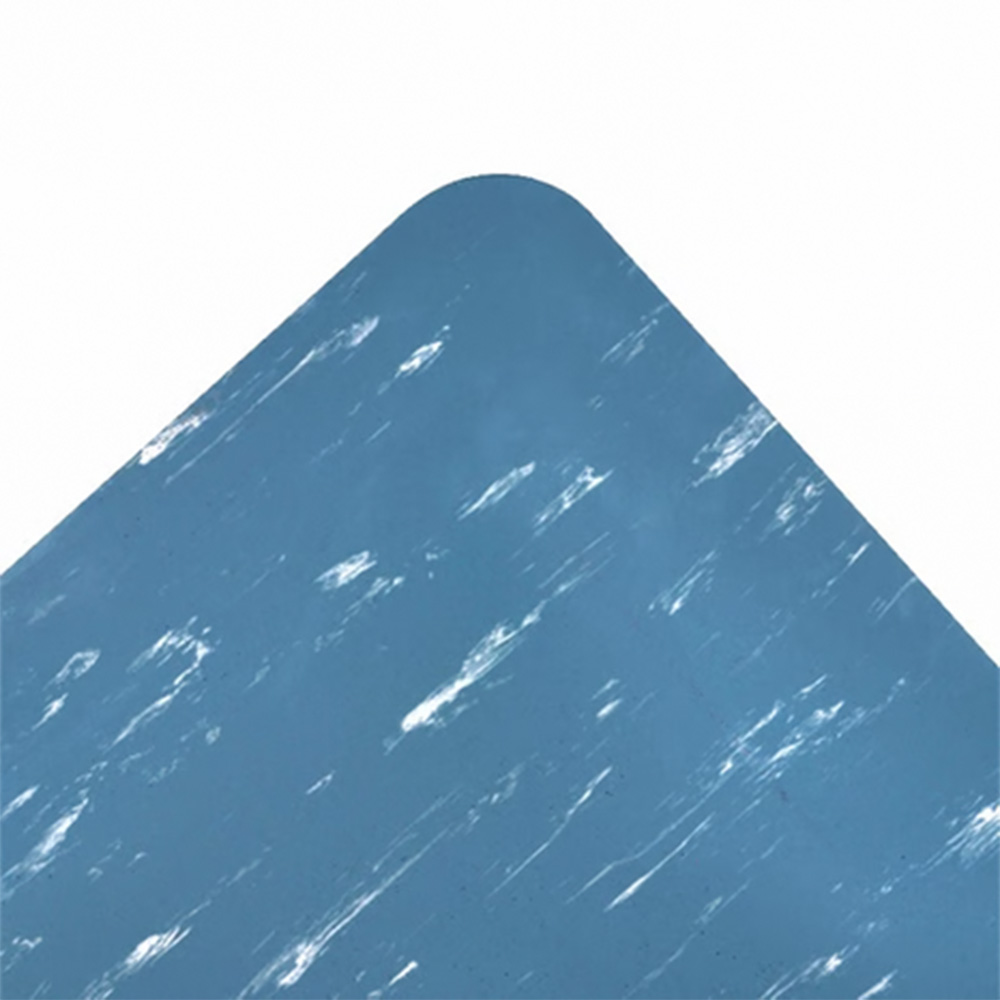 Marble Sof-Tyle Grande Anti-Fatigue Mat 1 Inch x 3x12 Ft. corner curled up in blue