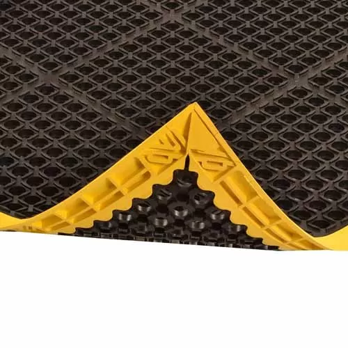 Safety Stance 4-Side Anti-Fatigue Mat 40x40 inch corner curl black yellow.