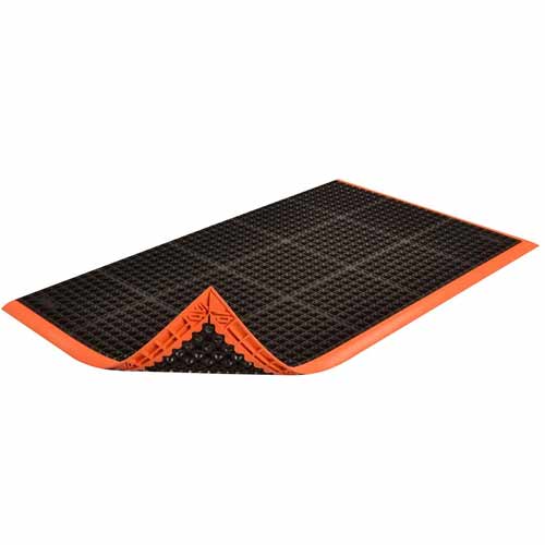 Safety Stance 3-Side Anti-Fatigue Mat 38x64 inch curl black orange.