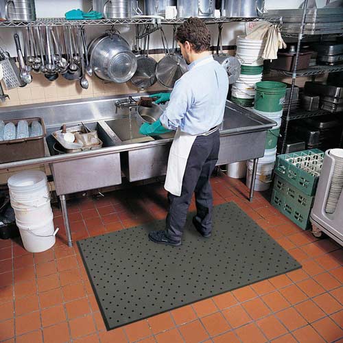 Rubber-Cal Kitchen Mat Anti-Slip Grease-proof Chef Mats - 3/8 in x 3 ft x 5 ft with A Beveled Edge - Black Rubber Mat