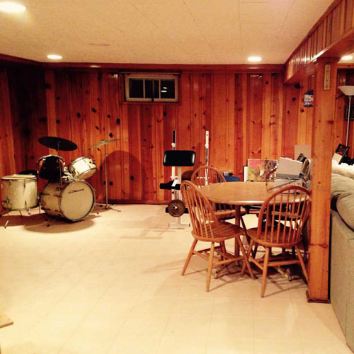 plastic tile floor with furniture and musical equipment