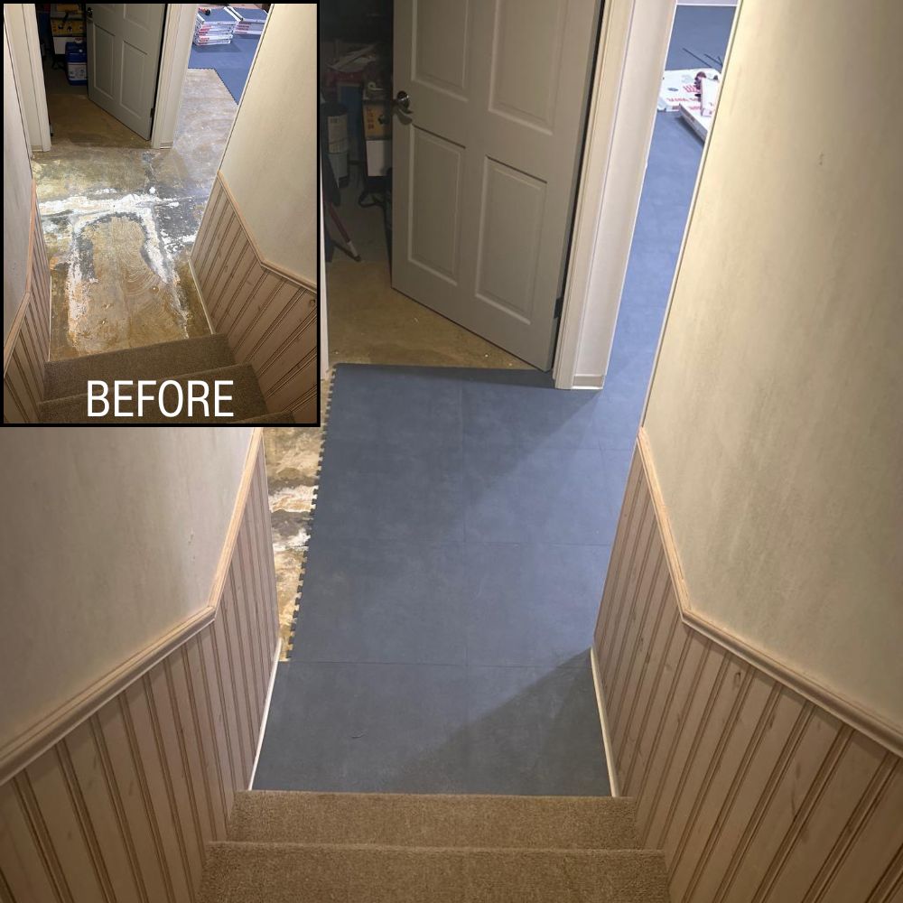 Leather PVC Floor Tile Black or Dark Gray 6 tiles before and after