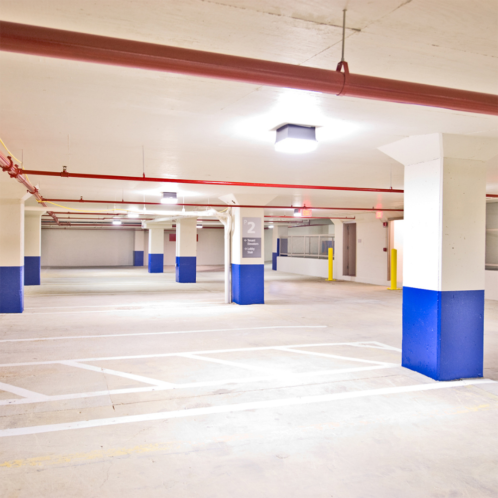 padded poles in a parking garage