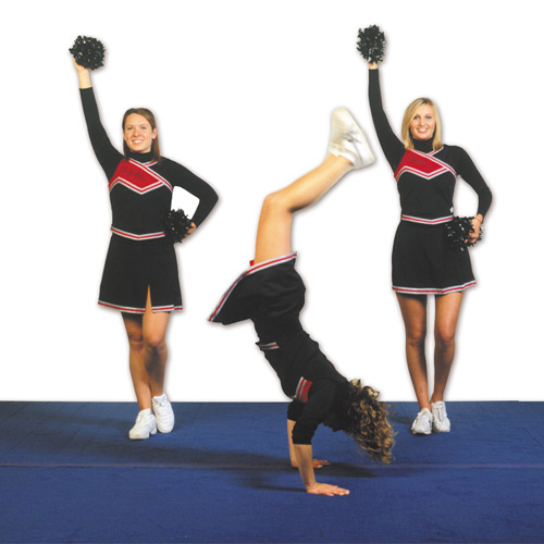 cheerleaders on blue cheer mats