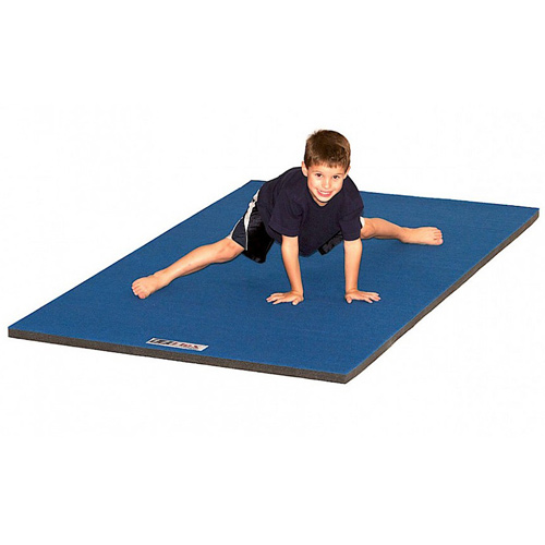 kid stretching on the roll out carpet mat