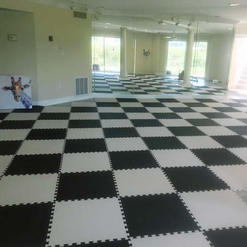 checker pattern floor tiles in basement room