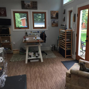 Artist Studio with wood grain reversible foam tile flooring