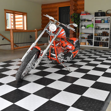 Motorcycle in Man Cave with garage tile flooring