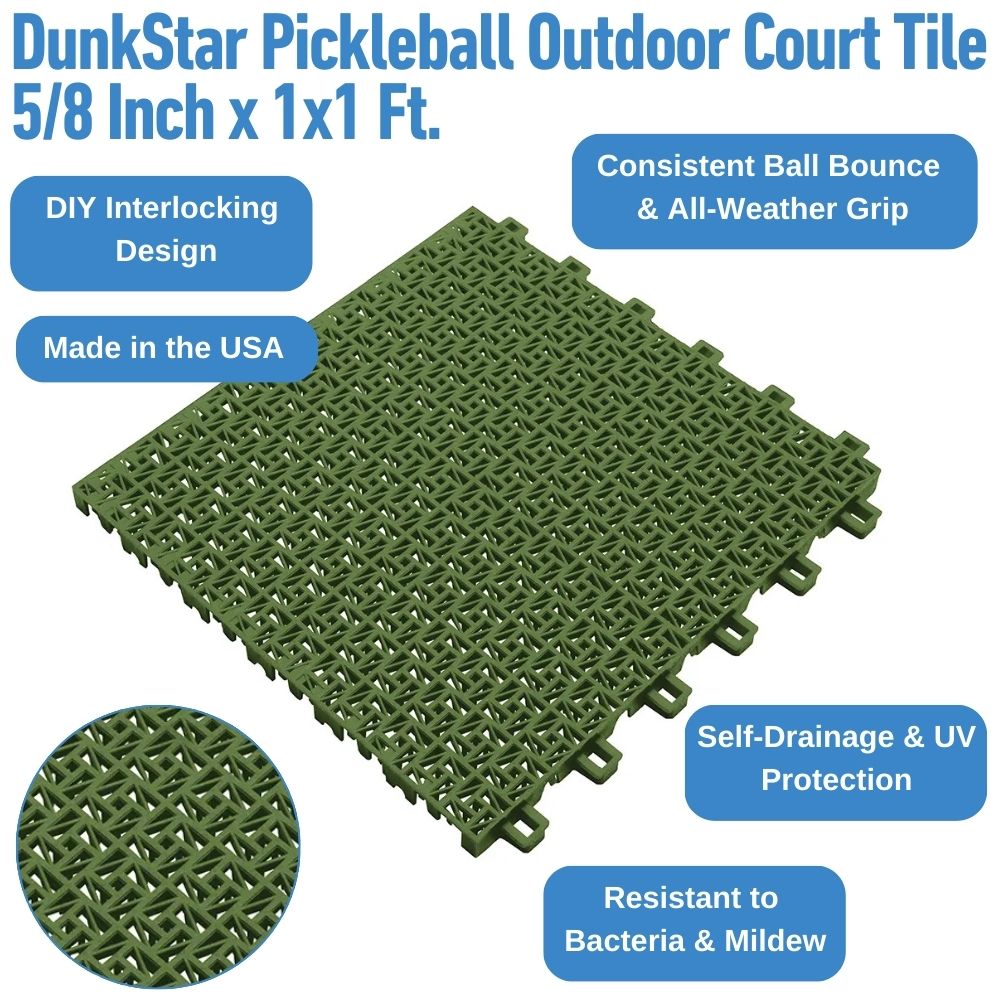 DunkStar Pickleball Outdoor Court Tile 5/8 Inch x 1x1 Ft. infographic