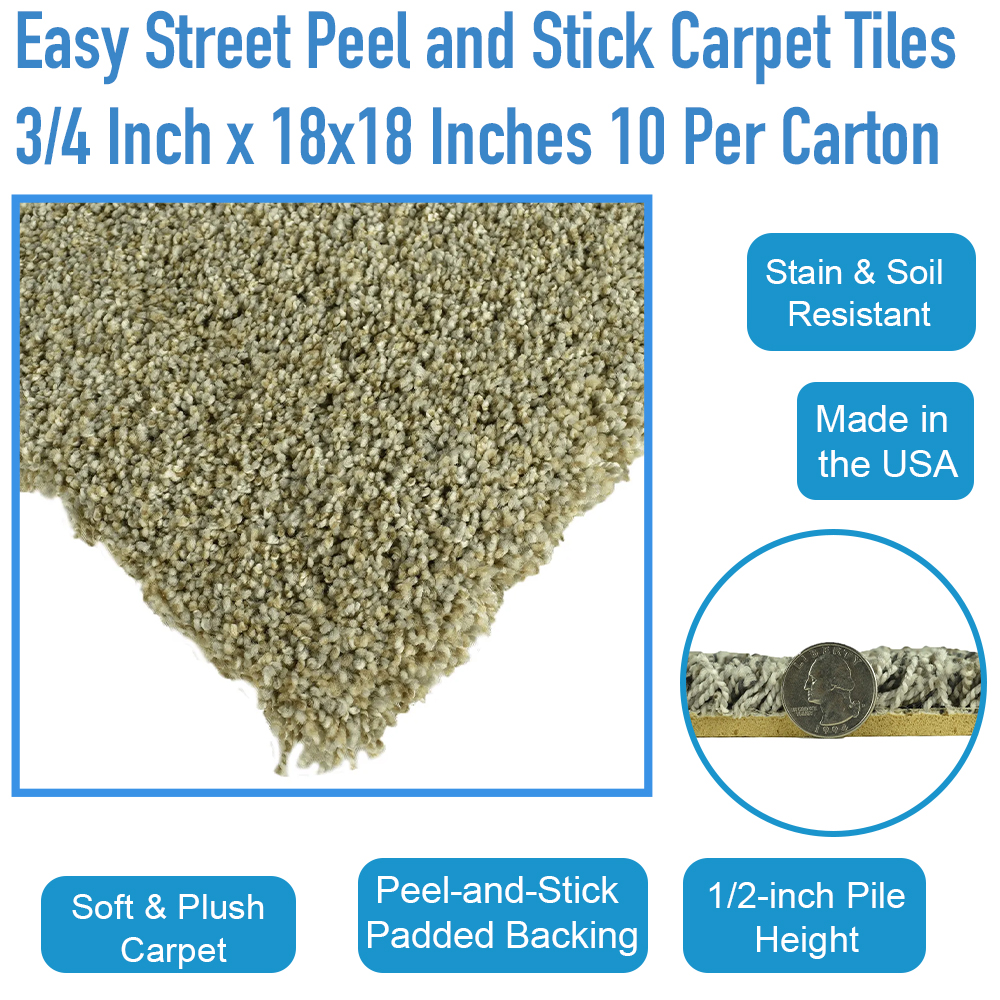 Easy Street Peel and Stick Carpet Tiles 3/4 Inch x 18x18 Inches 10 Per Carton infographic