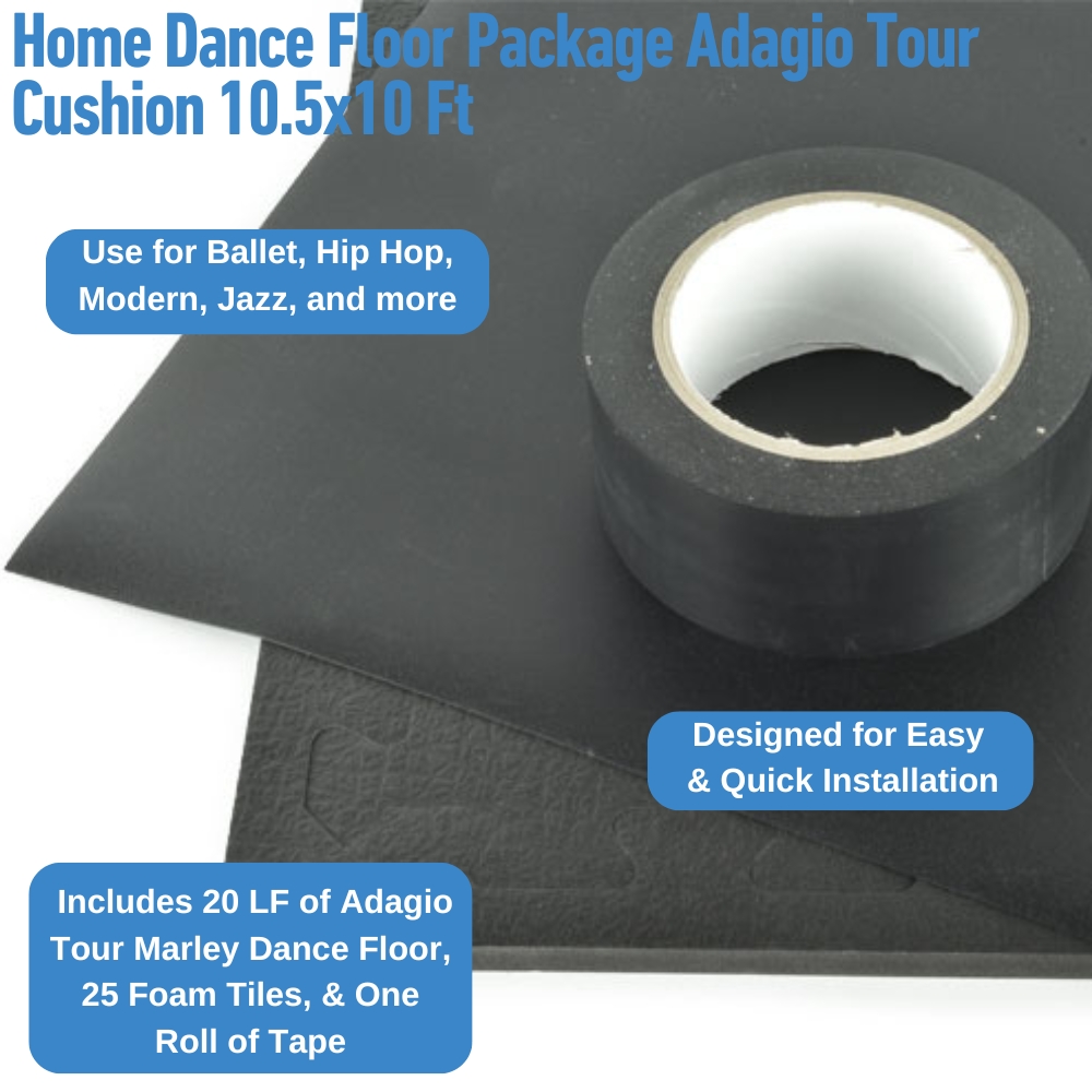 Marley Dance Floor Package Adagio Tour Cushion 10.5x10 Ft infographic