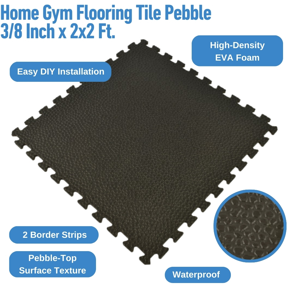 Home Gym Flooring Tile Pebble 3/8 Inch x 2x2 Ft. infographic
