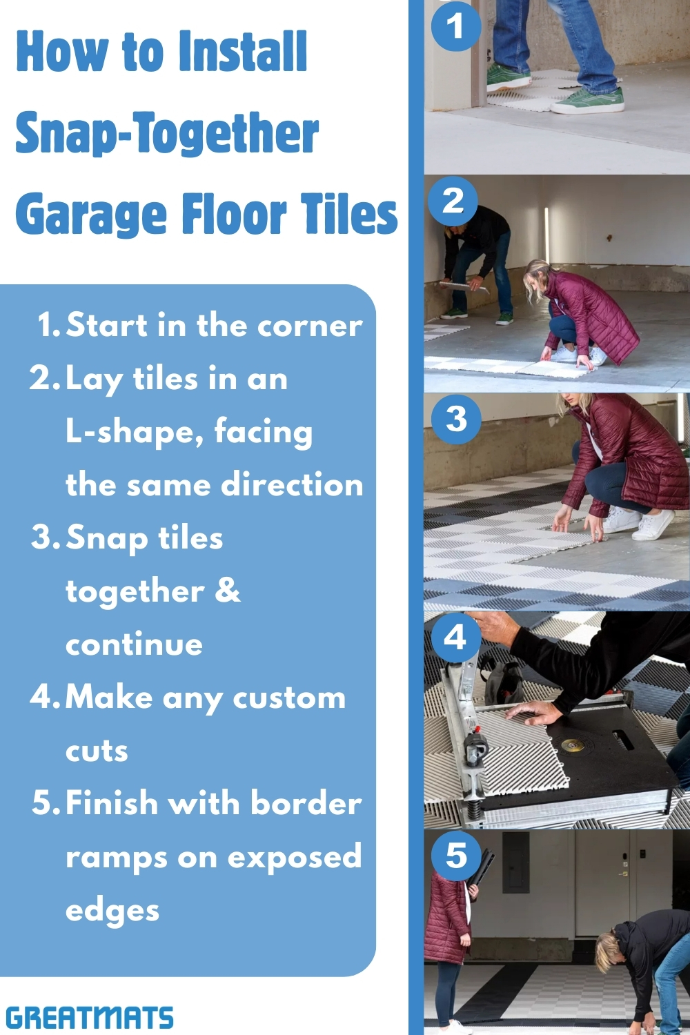 how to install snap together garage floor tiles infographic