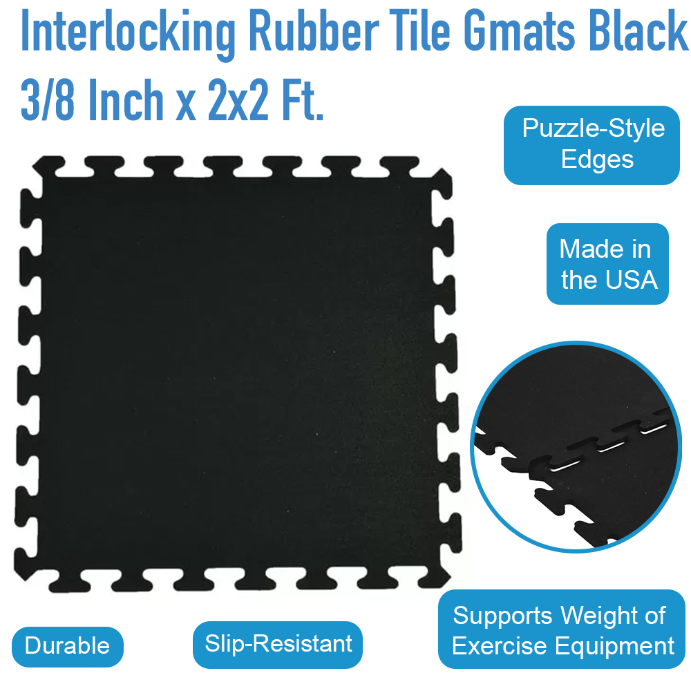 Interlocking Rubber Tile 2x2 Ft x 3/8 Inch Black infographic