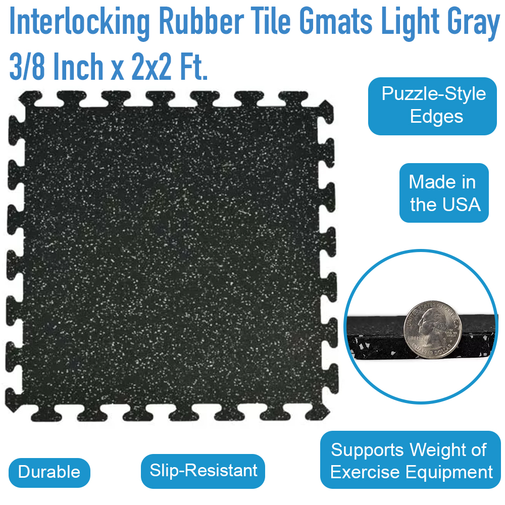 Interlocking Rubber Floor Tiles Gmats 2x2 Ft x 3/8 Inch Light Gray infographic