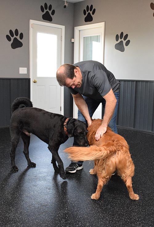 Jeff Peters petting dogs at Rio Gran's doggy daycare facility