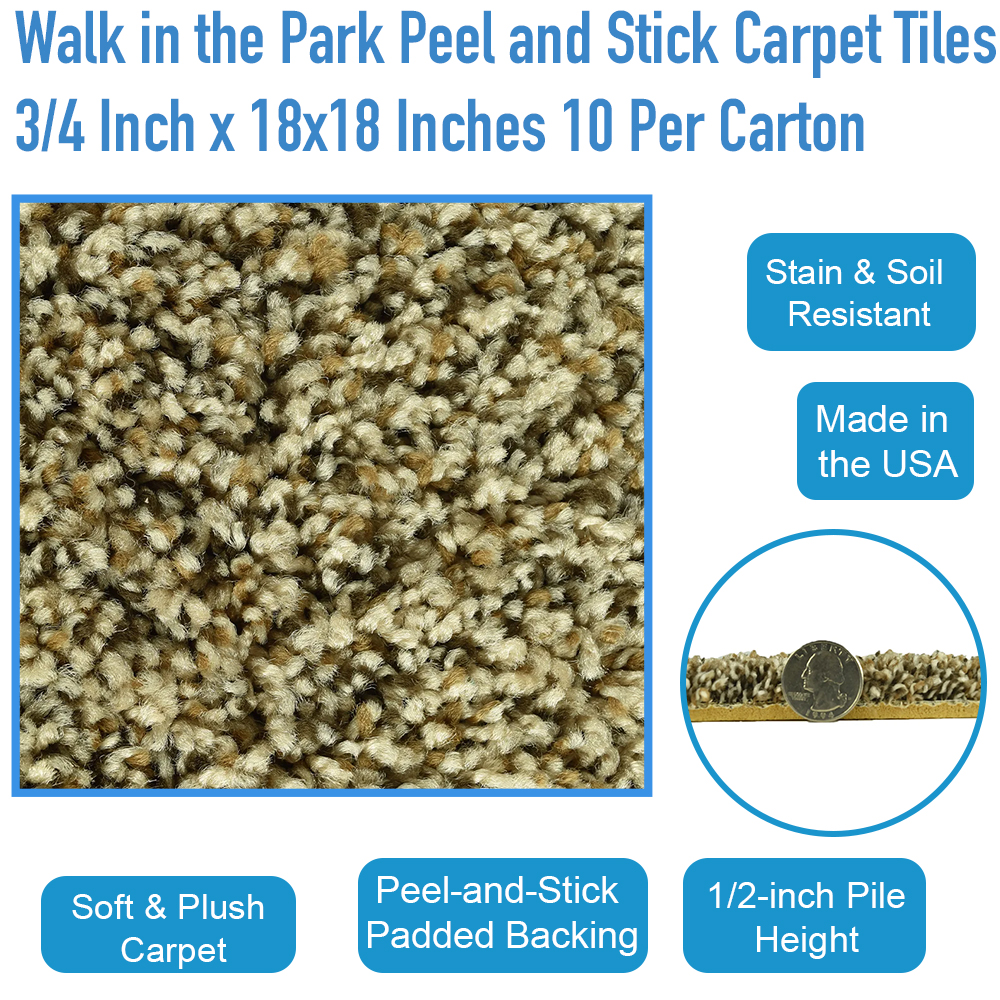 Walk in the Park Peel and Stick Carpet Tiles 3/4 Inch x 18x18 Inches 10 Per Carton infographic