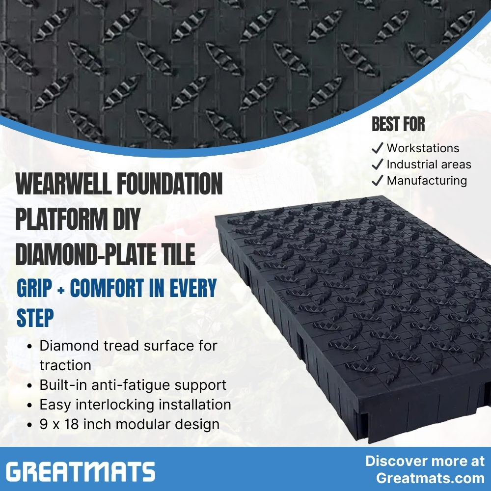 Wearwell Foundation Platform DIY Diamond-Plate Tile 2 Inch x 9x18 Inch infographic