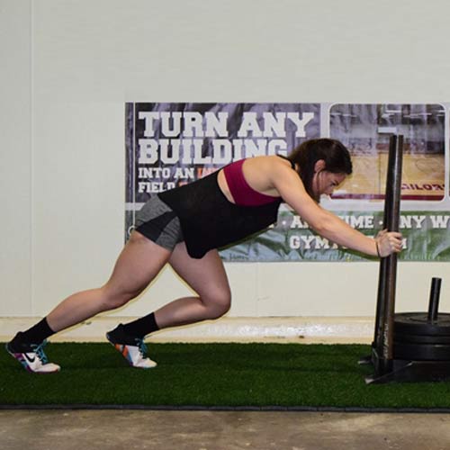 Gym Turf 365 Roll Portable Indoor Sports Turf per SF pushing weights.