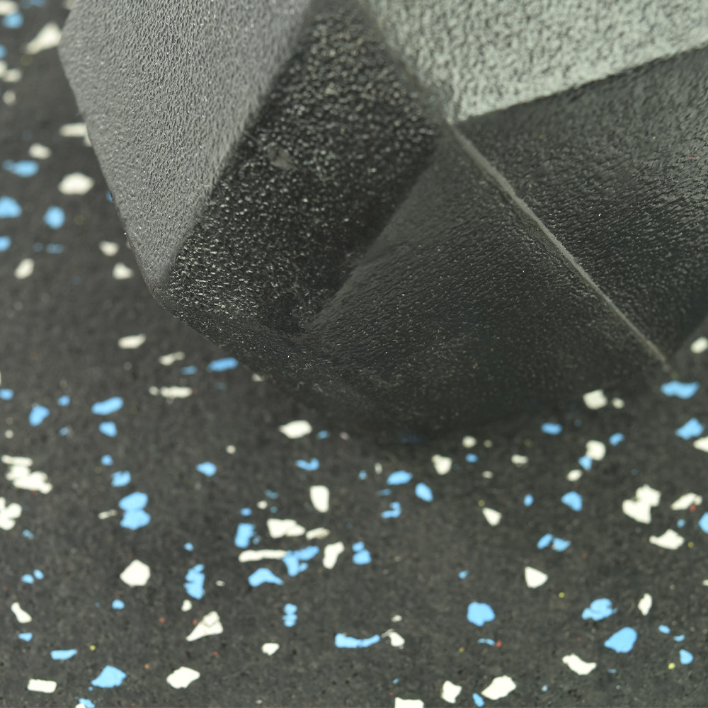 Weights on Interlocking Rubber Tile 10% Premium Color 8 mm x 23x23 Inch Eureka on Blue and Gray