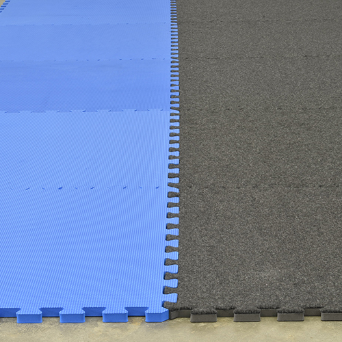 foam and carpet tiles connected with transition strips