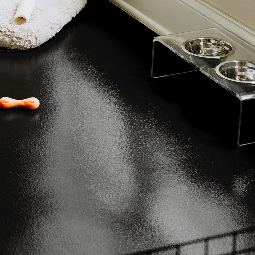Dog want to play ball on G-Floor Protective Kennel Floor Mat Ceramic Texture 50 Mil x 5x10 Ft. in midnight black